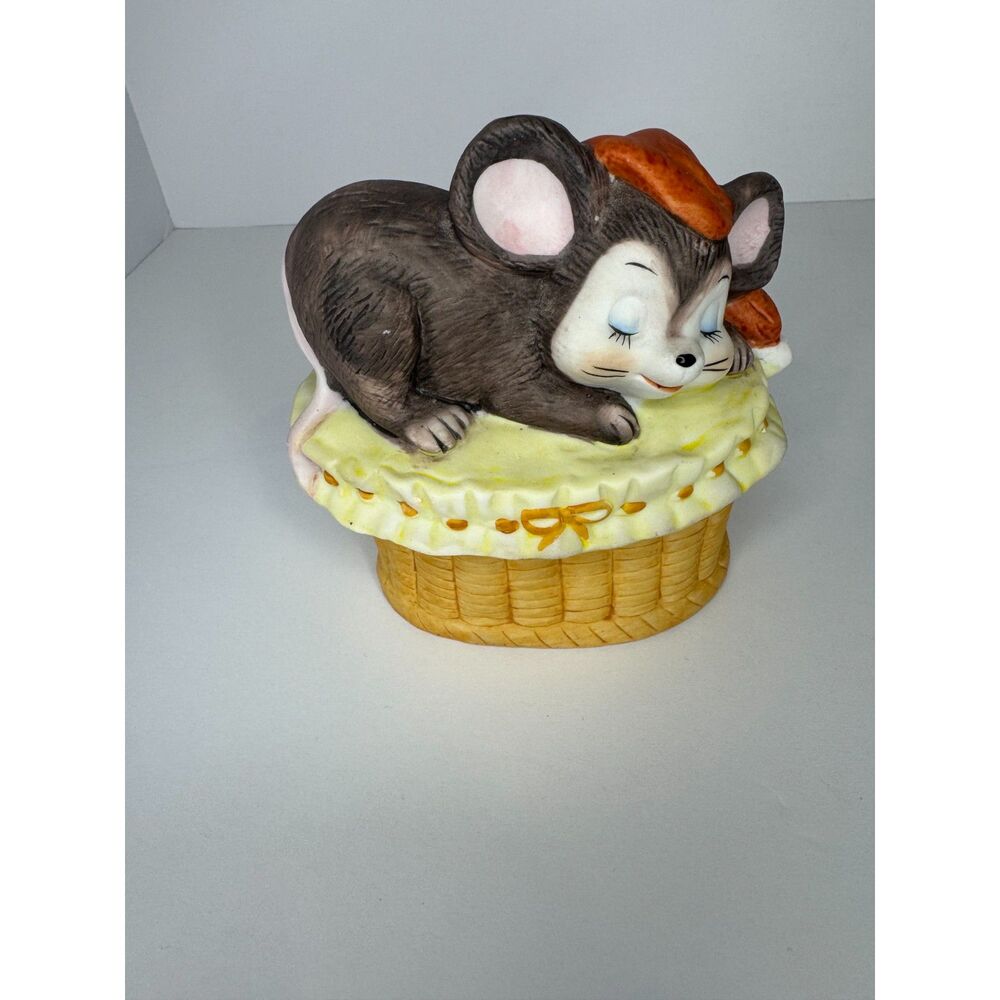 Vintage Lefton Sleeping Anthropomorphic Mouse On Basket Hand Painted Figurine